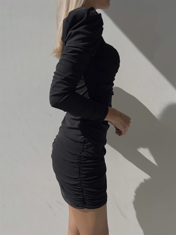 Kalp Yaka Drape Detay Uzun Kollu Lucida Kadın Siyah Elbise 23K000092