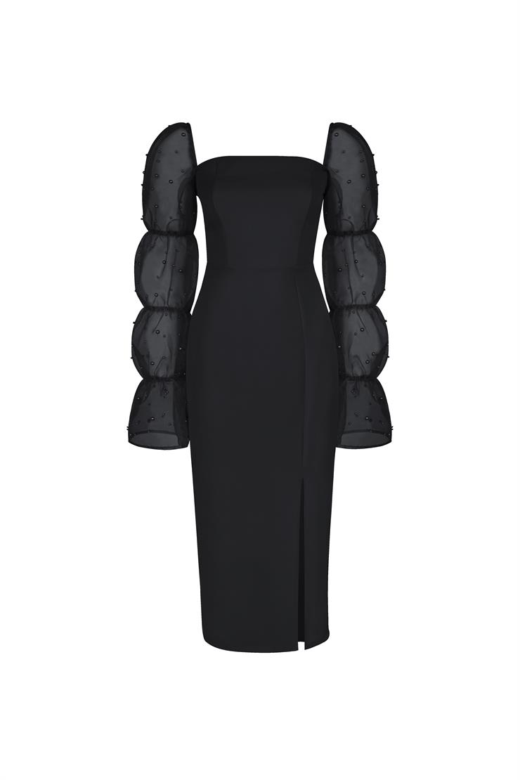 Kare Yaka Omzu Lastikli Uzun Tül Kol Pattern Kadın Siyah Midi Elbise 23K000443