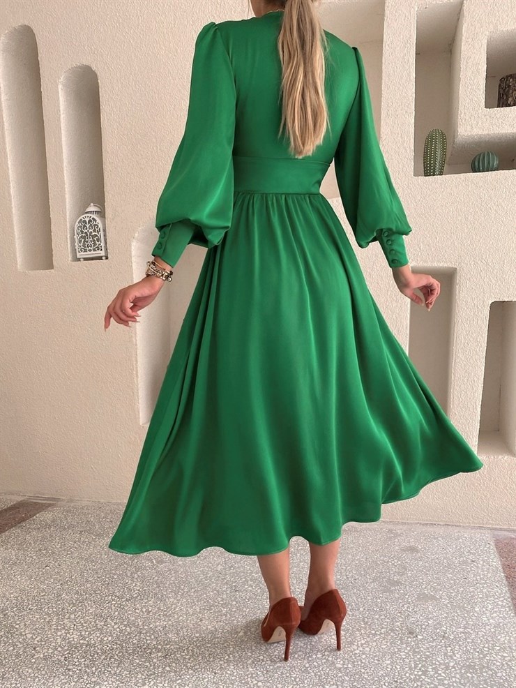 Kiloş Balon Kol Beli Düğmeli Viktoria Kadın Yeşil Uzun Elbise 22K000051