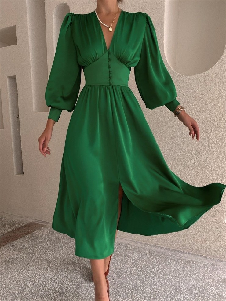 Kiloş Balon Kol Beli Düğmeli Viktoria Kadın Yeşil Uzun Elbise 22K000051
