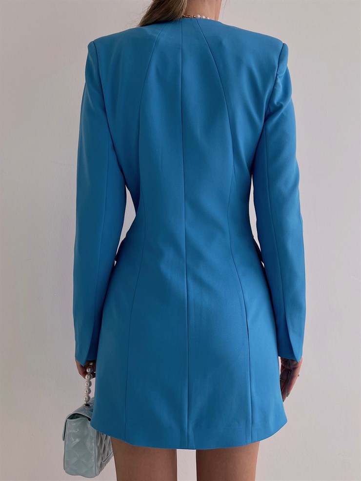 Kruvaze Eteği Asimetrik Drapeli Carrie Kadın Mavi Ceket Elbise 22Y000079