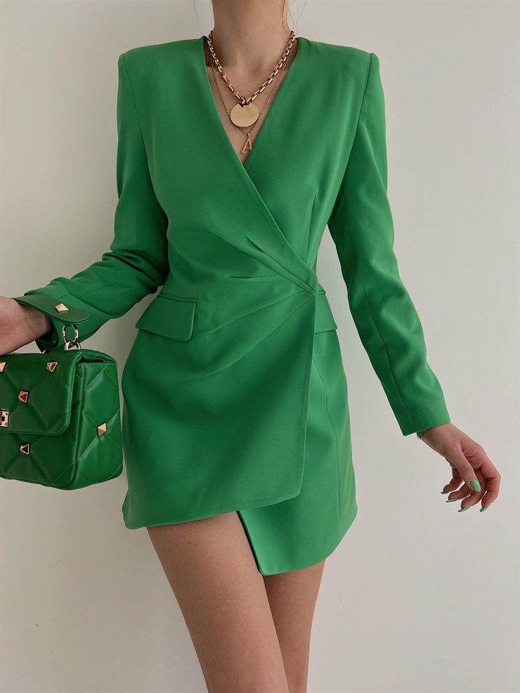 Kruvaze Eteği Asimetrik Drapeli Carrie Kadın Yeşil Ceket Elbise 22Y000079