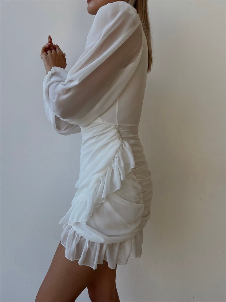 Kruvaze Yaka Drapeli Etek Kısmı Fırfırlı Amara Kadın Beyaz Mini Elbise 22Y000015