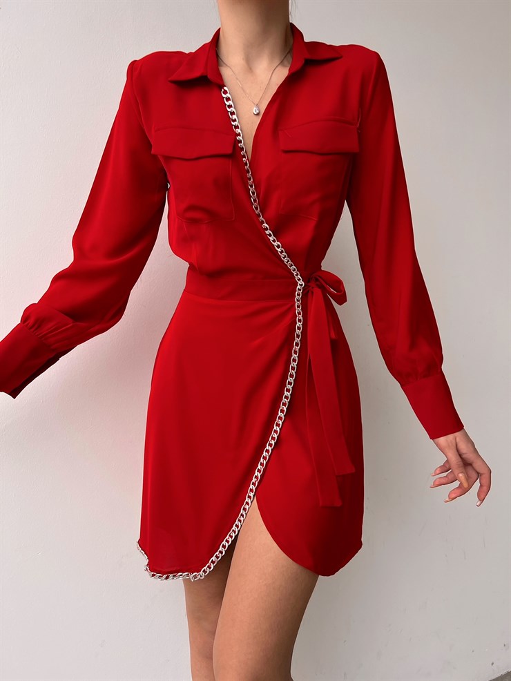 Kruvaze Yanları Zincir Detaylı Cadence Kadın Kırmızı Gömlek Elbise 22Y000037
