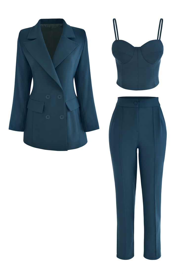 Kuplu Bluz Blazer Ceket & Pantolon Adelisa Kadın İndigo Üçlü Takım 22K000262