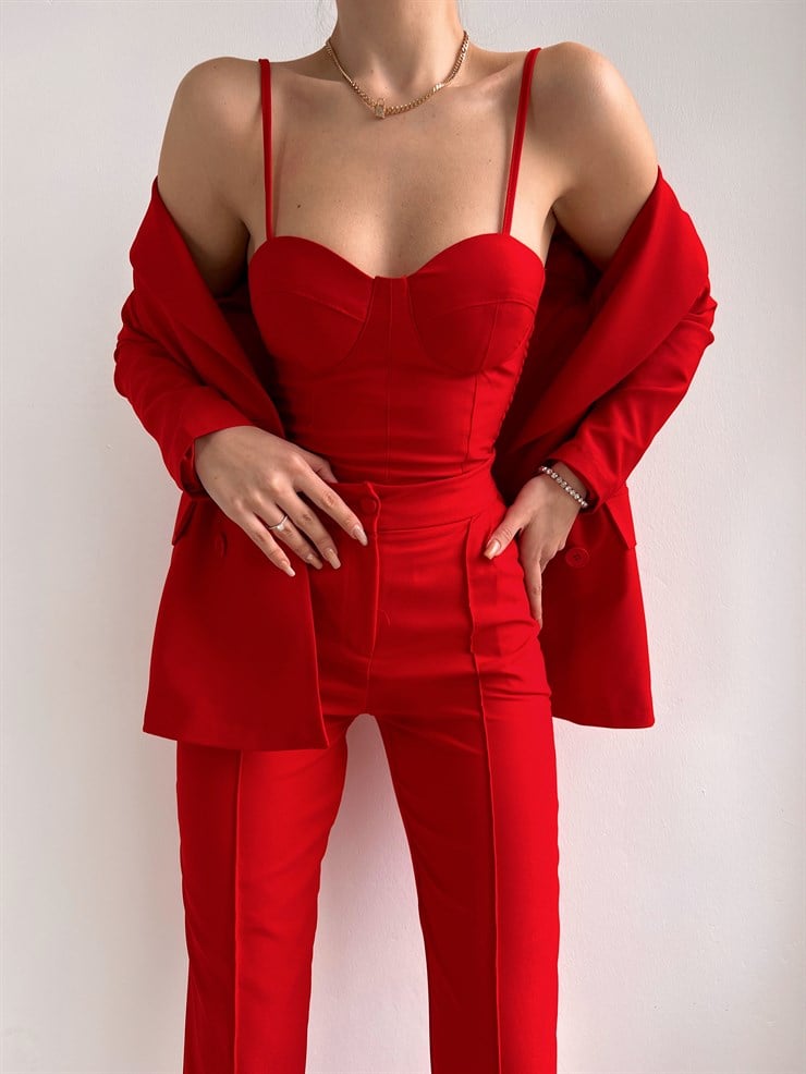 Kuplu Bluz Blazer Ceket & Pantolon Adelisa Kadın Kırmızı Üçlü Takım 22K000262