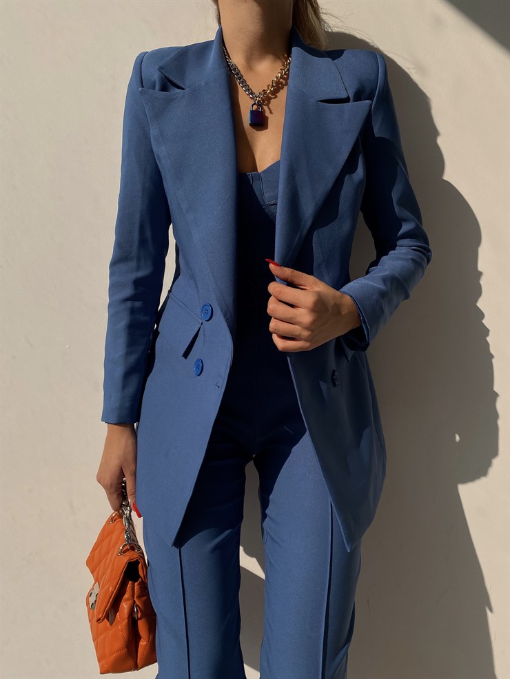 Kuplu Bluz Blazer Ceket & Pantolon Adelisa Kadın İndigo Üçlü Takım 22K000262