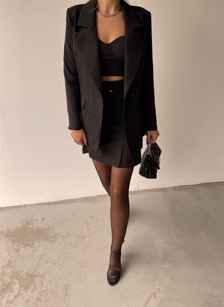 Kuplu Crop Blazer Ceket Etek Üçlü Benita Kadın Siyah Takım 22K000197