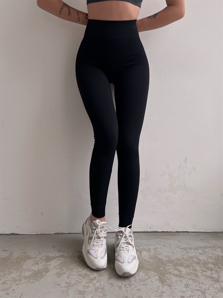 Lastikli Yüksek Bel Fitilli Nora Kadın Siyah Toparlayıcı Tayt 22K000583