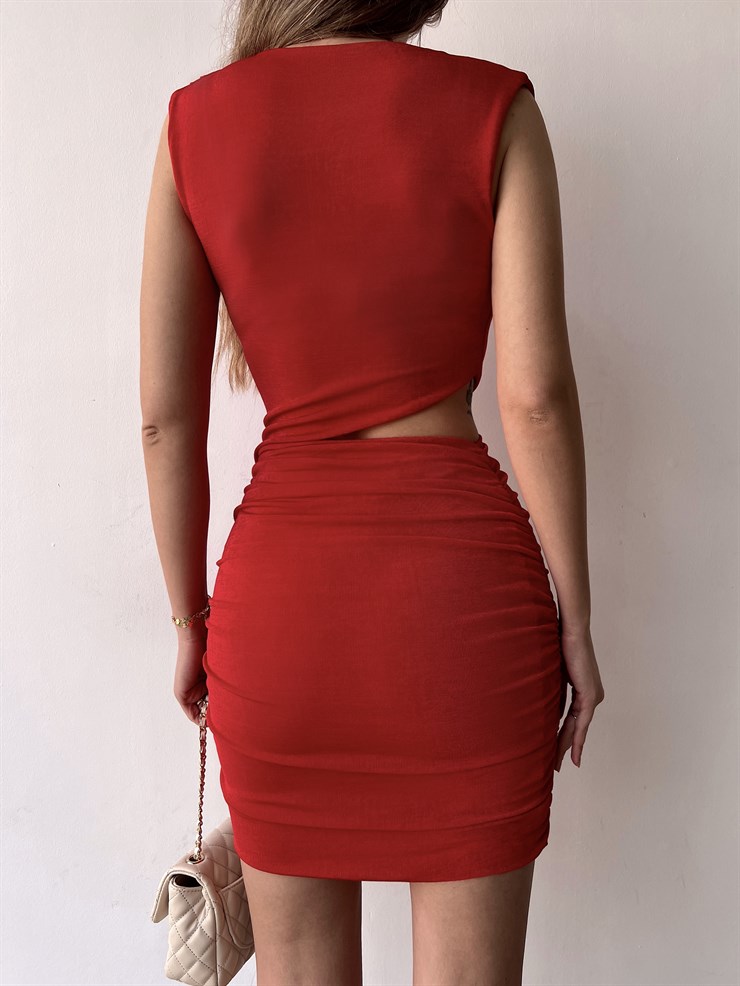 Likralı Bel Dekolteli Büzgülü Salma Kadın Kırmızı Elbise 22Y000229