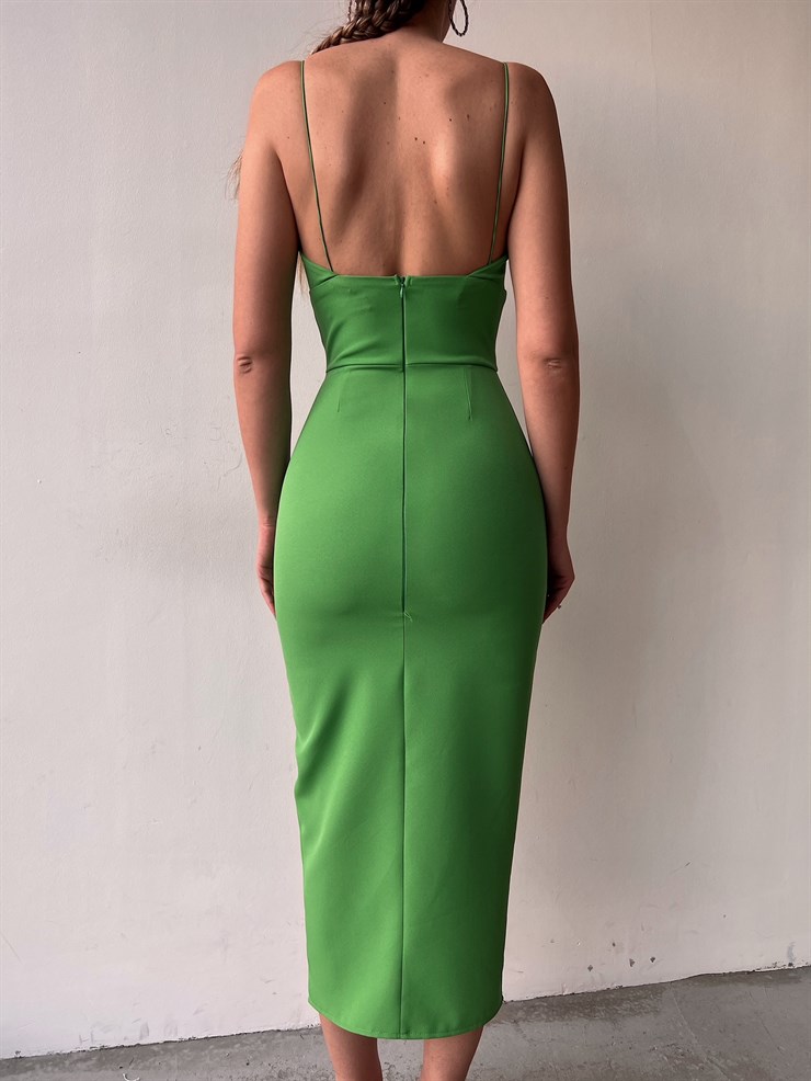 Likralı İnce Askı Yırtmaçlı Kadın Yeşil Kalem Elbise 21Y000275