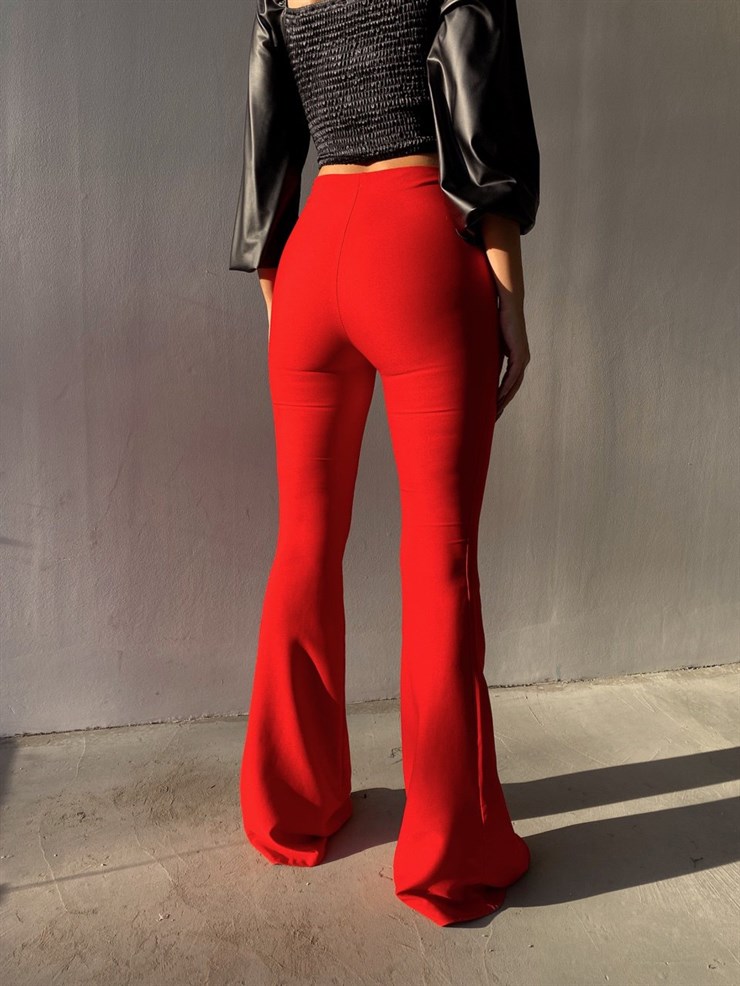 Likralı Yüksek Bel İspanyol Paça Kadın Kırmızı Pantolon 22K000111