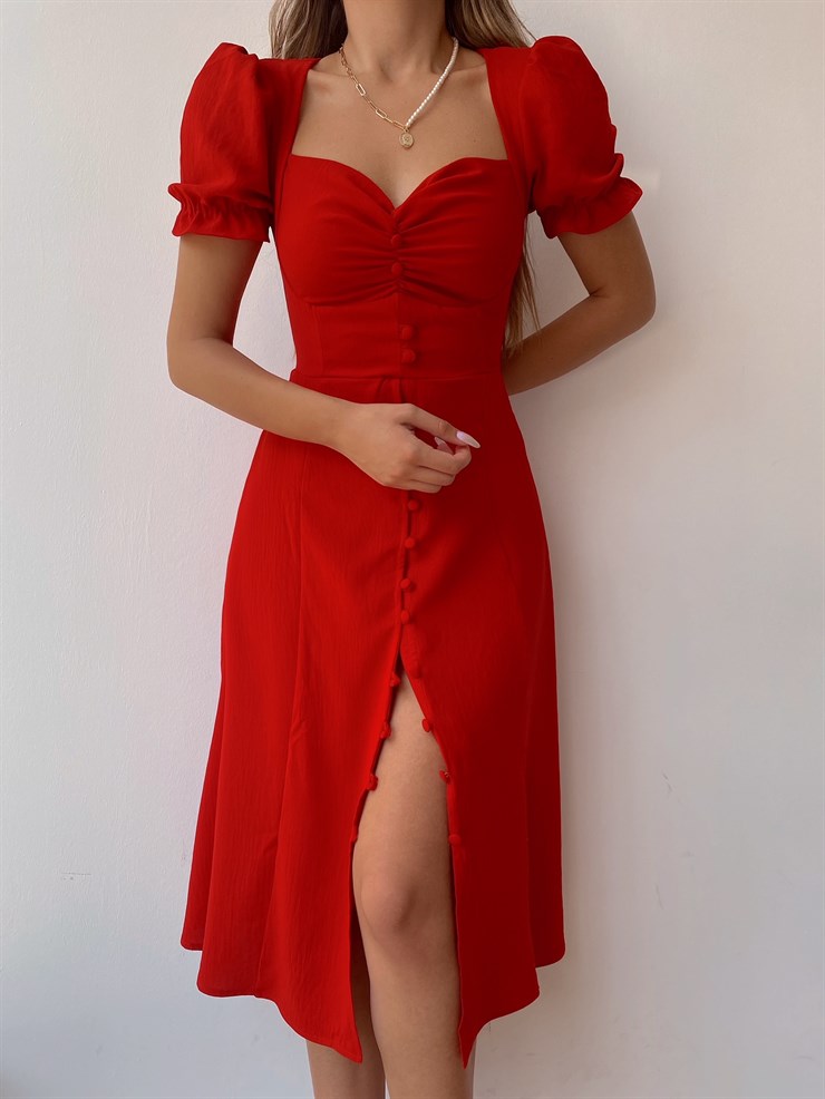 Midi Boy Önden Düğmeli Kadın Kırmızı Elbise 21Y000318