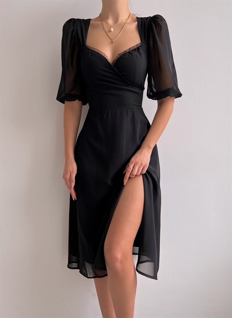Midi Göğüs Kruvaze İnce Tül Detay Yırtmaçlı Annabel Kadın Siyah Elbise 22Y000017