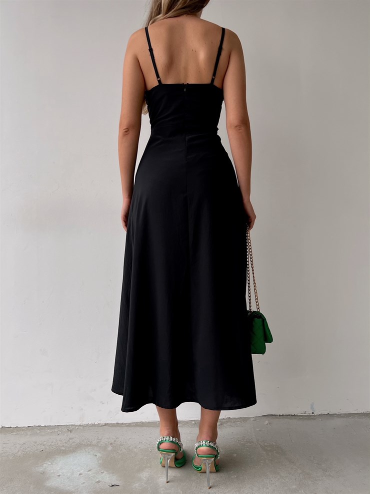 Midi Yandan Yırtmaç İnce Askılı Moreno Kadın Siyah elbise 22Y000012