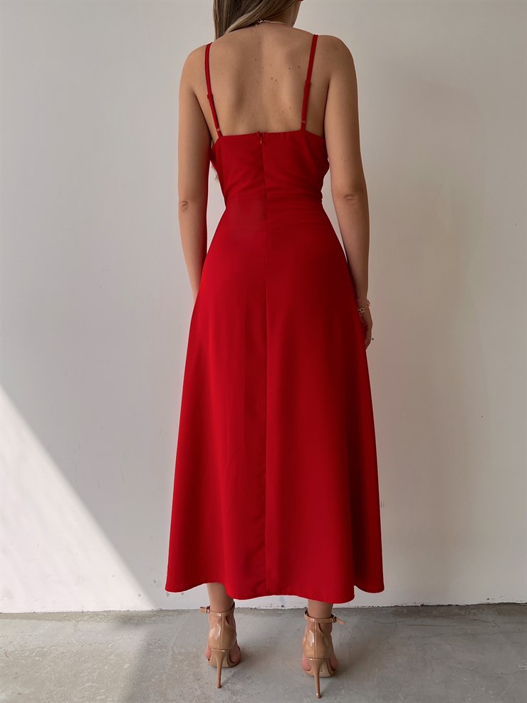 Midi Yandan Yırtmaç İnce Askılı Moreno Kadın Kırmızı Elbise 22Y000012