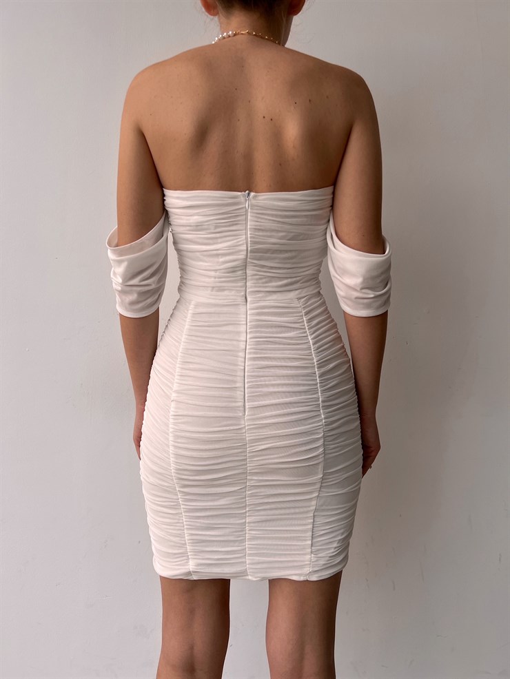 Mini Açık Omuz Drapeli Antonia Kadın Beyaz Tül Elbise 22Y000040