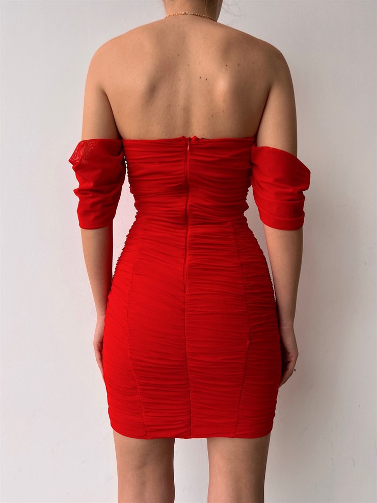 Mini Açık Omuz Drapeli Antonia Kadın Kırmızı Tül Elbise 22Y000040