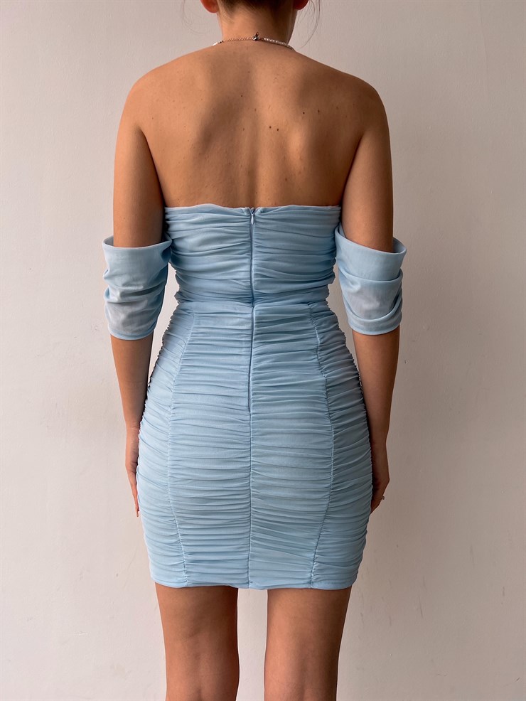 Mini Açık Omuz Drapeli Antonia Kadın Mavi Tül Elbise 22Y000040