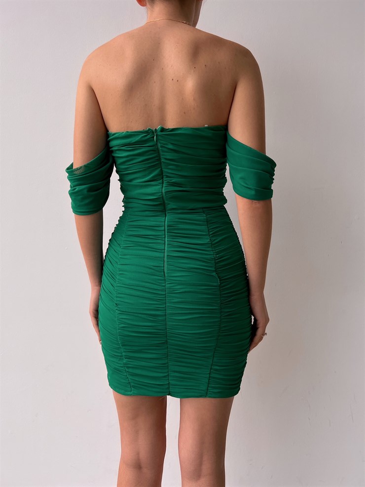 Mini Açık Omuz Drapeli Antonia Kadın Yeşil Tül Elbise 22Y000040