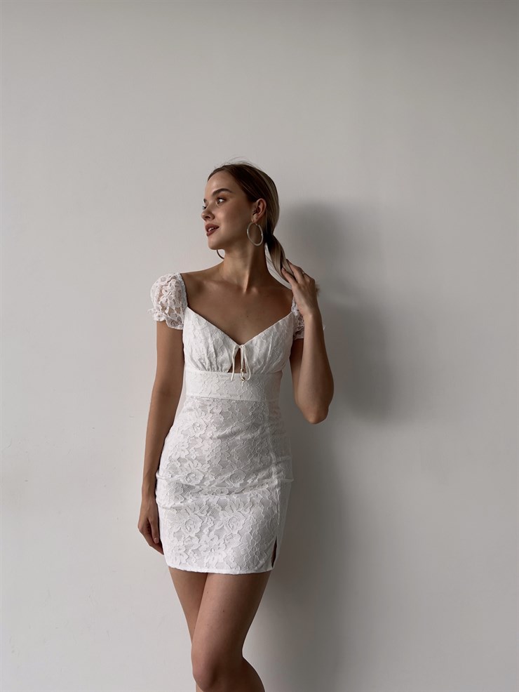 Mini Boy Dantel Göğüsten Bağcıklı Yırtmaçlı Lope Kadın Beyaz Elbise 22Y000387
