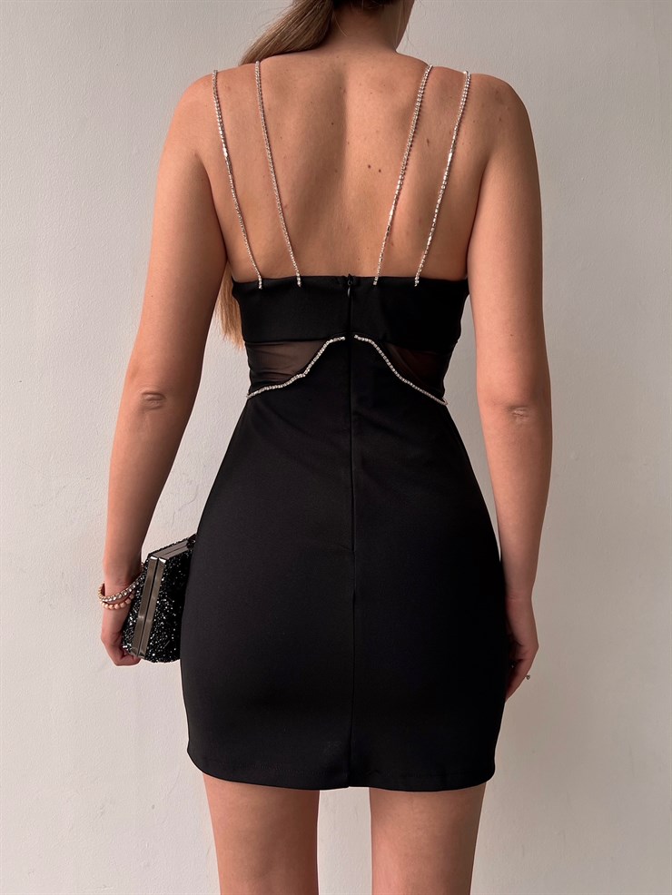 Mini Göğüs Önden Çapraz Zincir Detaylı Peyton Kadın Siyah Elbise 22Y000128