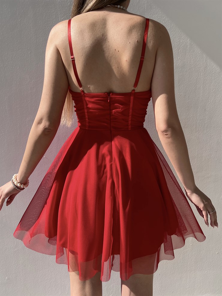 Mini Kiloş Kesim Göğüs Dolgulu İnce Askı  Santos Kadın Kırmızı Tül Elbise 22Y000200