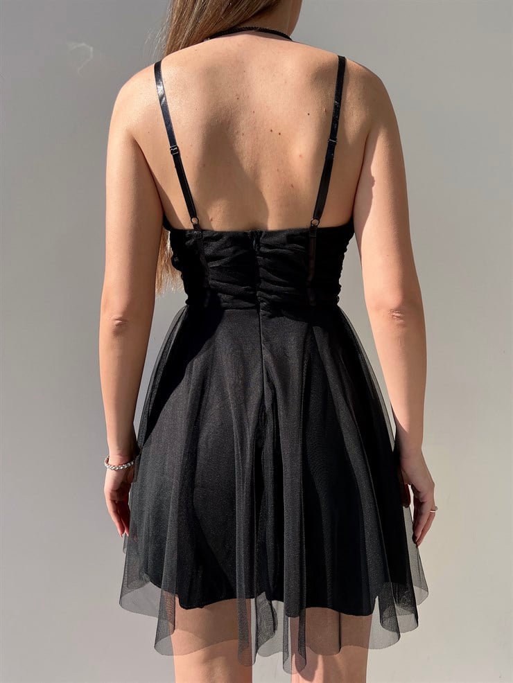 Mini Kiloş Kesim Göğüs Dolgulu İnce Askı  Santos Kadın Siyah Tül Elbise 22Y000200