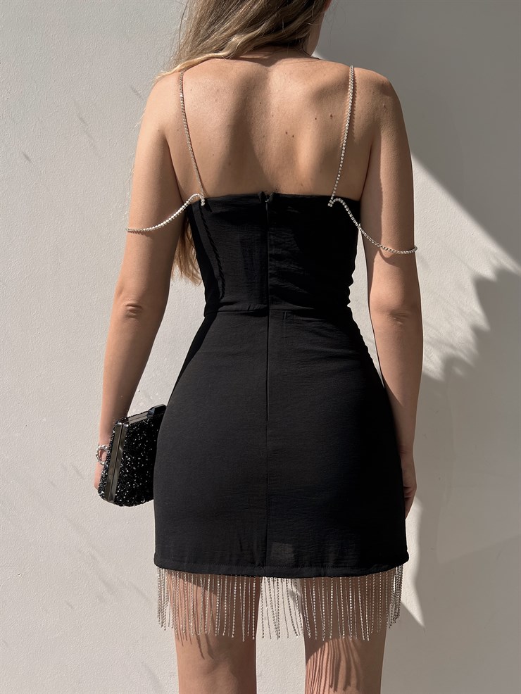 Mini Omuz Ve Etek Kısmı Zincirli Vivian Kadın Siyah Elbise 22Y000137
