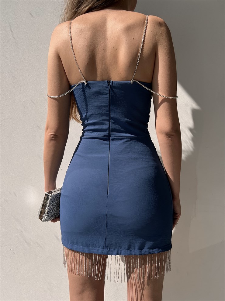 Mini Omuz Ve Etek Kısmı Zincirli Vivian Kadın İndigo Elbise 22Y000137