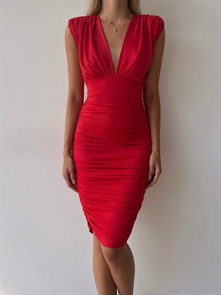 Omzu Vatkalı Drape Detaylı Kadın Kırmızı Midi Elbise 21Y000399