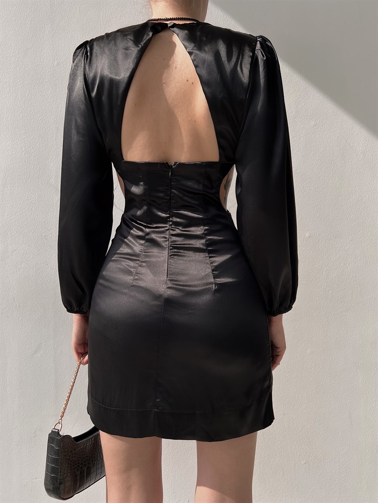 Saten Bel Ve Sırt Dekolteli Gianni Kadın Siyah Mini Elbise 22Y000132