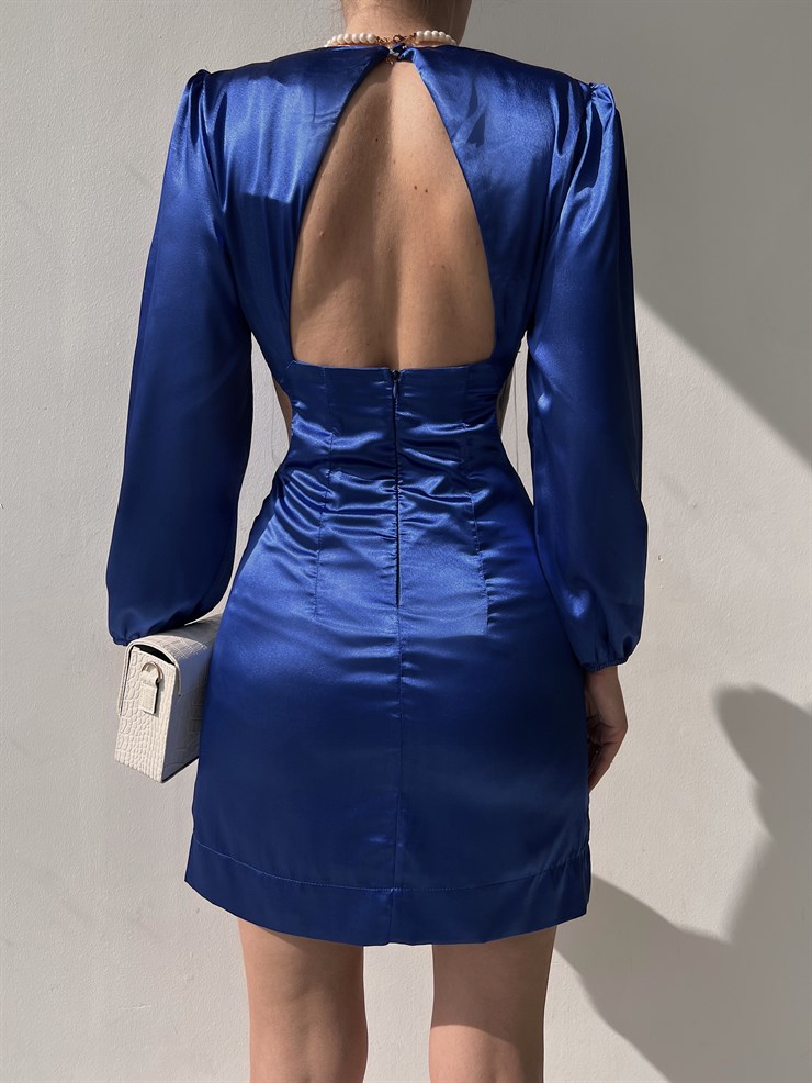 Saten Bel Ve Sırt Dekolteli Gianni Kadın Saks Mini Elbise 22Y000132