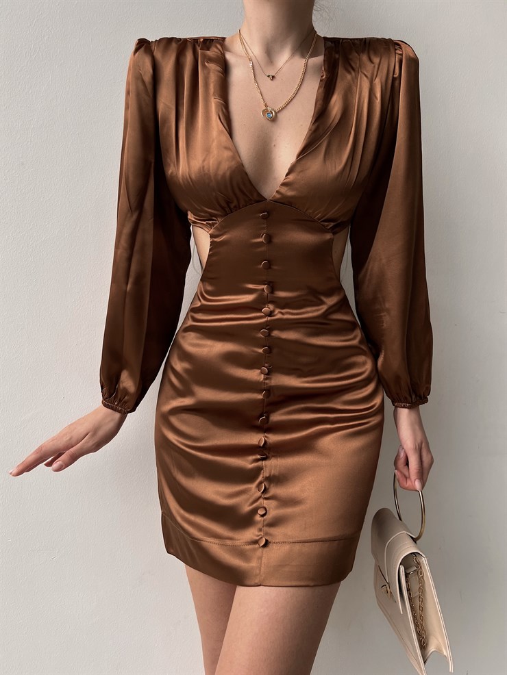 Saten Bel Ve Sırt Dekolteli Gianni Kadın Kahverengi Mini Elbise 22Y000132