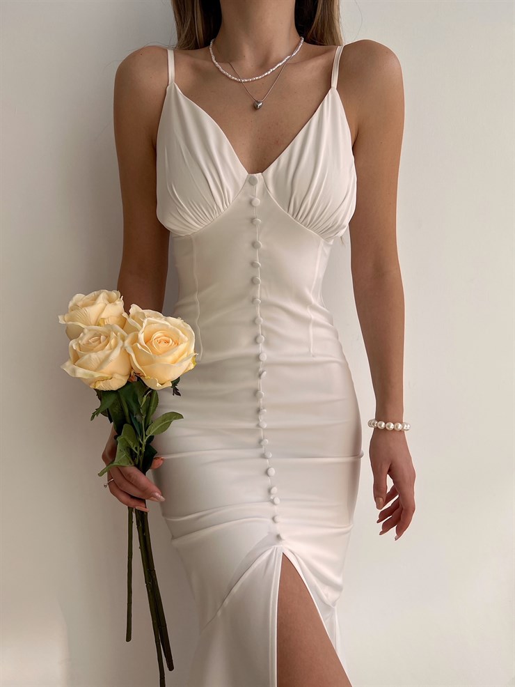 Saten Boydan Düğme Detay İnce Askılı Amina Kadın Beyaz Elbise 22K000621