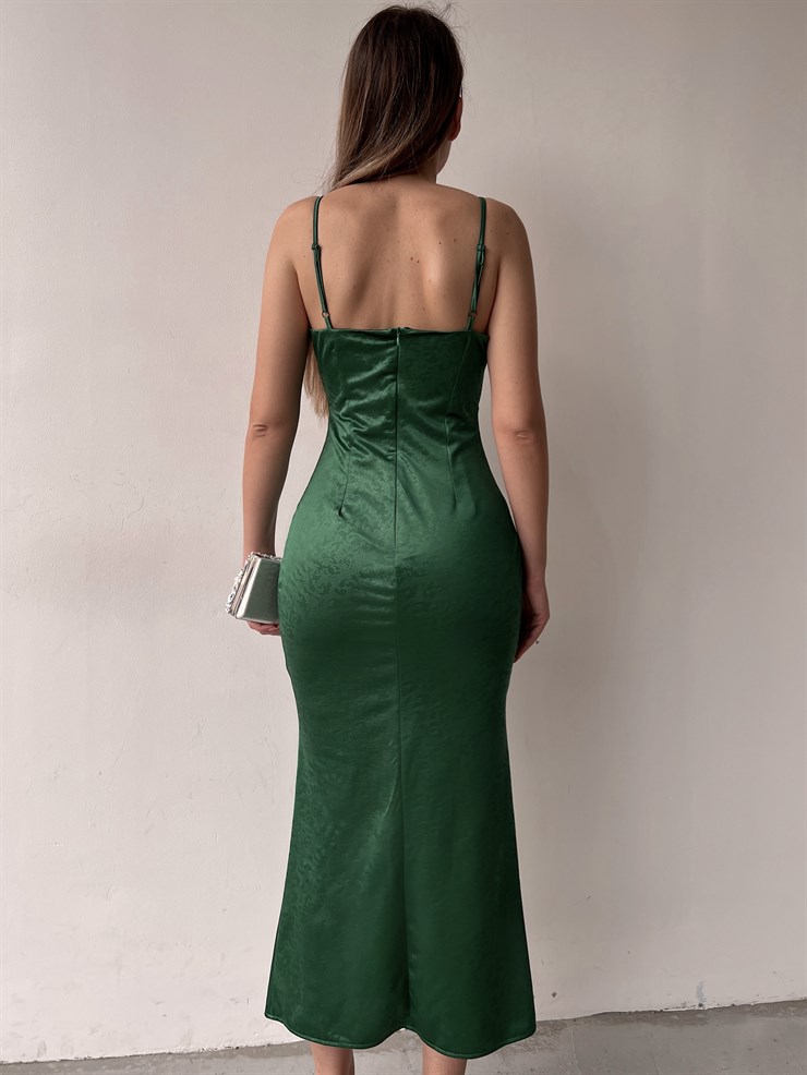 Saten Kendinden Desenli Kumaş Düğme Detay Abel Kadın Yeşil Elbise 22Y000207