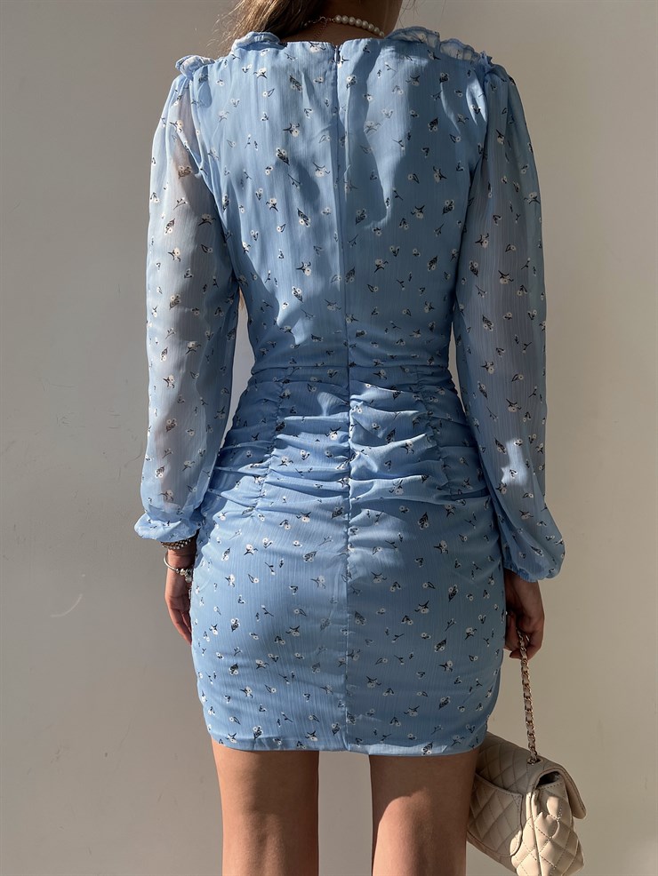 Şifon Çiçekli Önü Bağcık Detay Oscar Kadın Mavi Mini Elbise 22Y000139