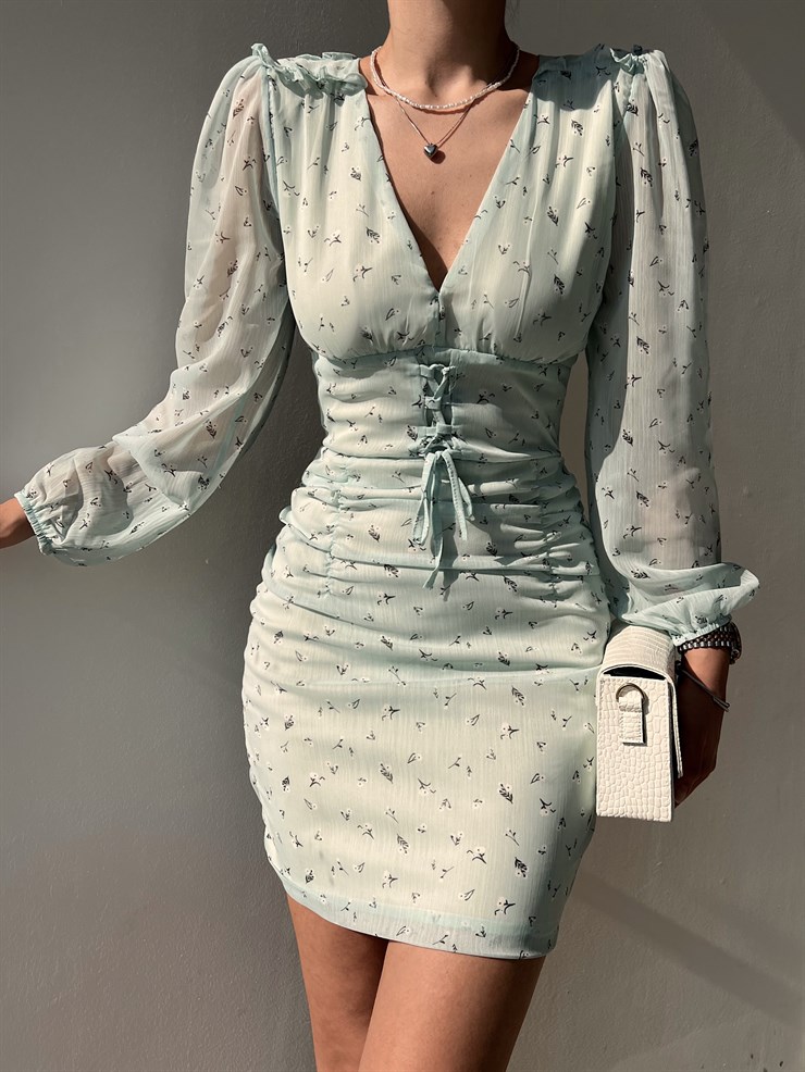 Şifon Çiçekli Önü Bağcık Detay Oscar Kadın Mint Renk Mini Elbise 22Y000139
