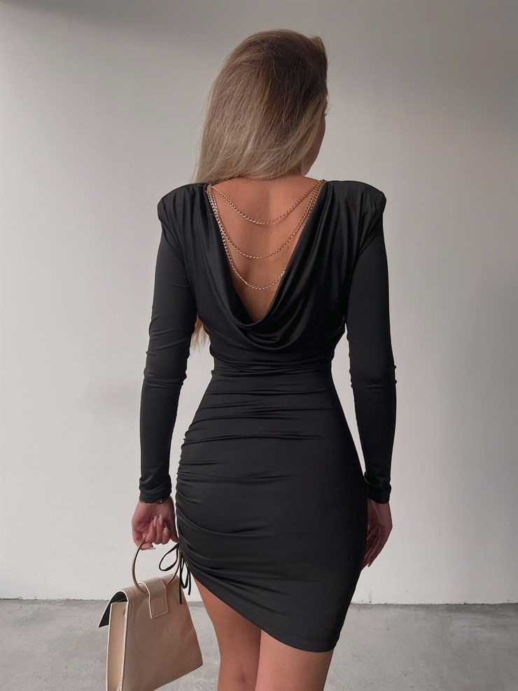 Sırtı Degaje Dekolteli Yandan Boyu Bağcıklı Ayarlamalı Letizia Kadın Siyah Elbise 22K000487
