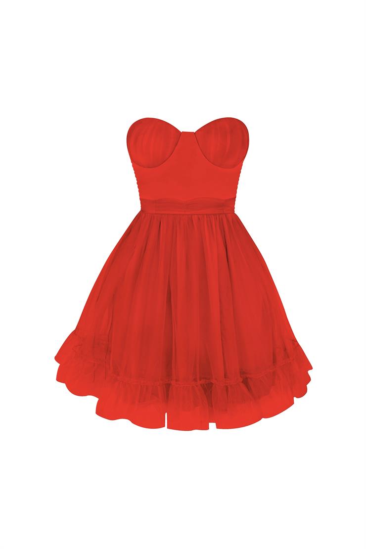 Straplez Belden Oturtmalı Eteği Tül Tara Kadın Kırmızı Mini Elbise 23Y000027