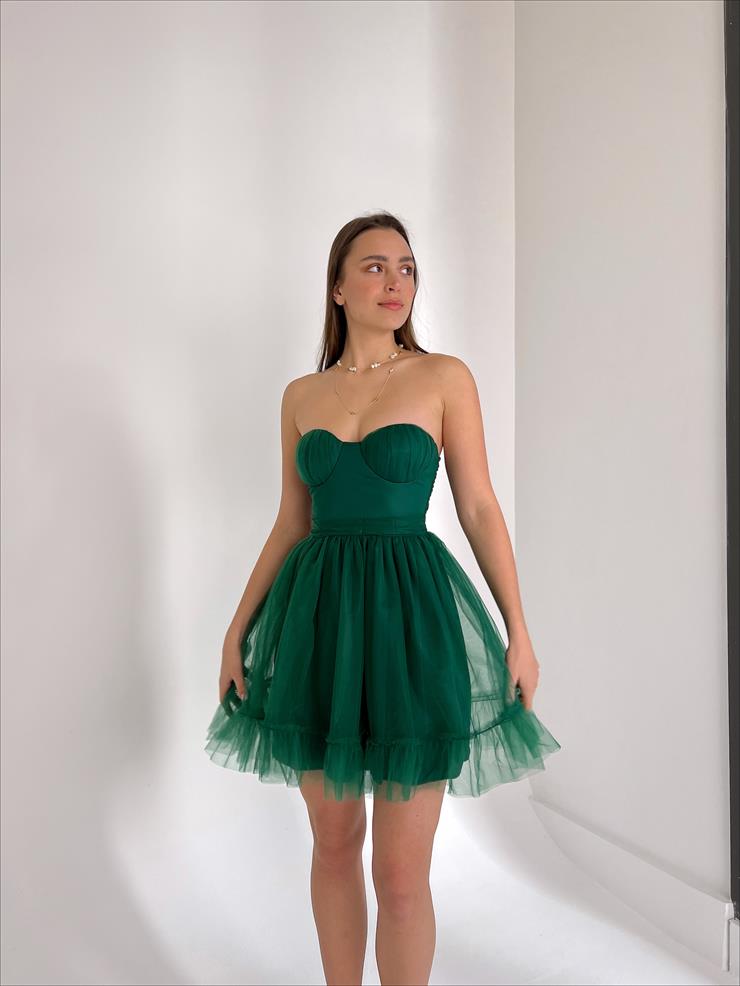 Straplez Belden Oturtmalı Eteği Tül Tara Kadın Yeşil Mini Elbise 23Y000027