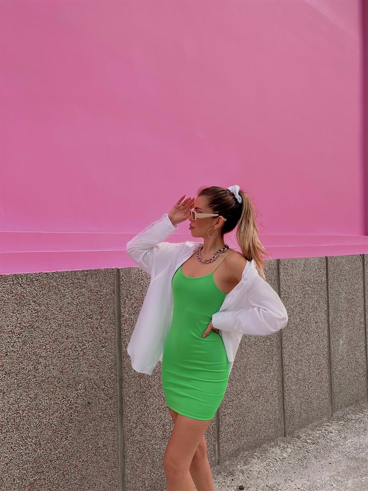 Streç İnce Lastik Askılı Eldon Kadın Yeşil Mini Elbise 22K000636