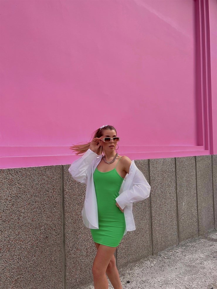 Streç İnce Lastik Askılı Eldon Kadın Yeşil Mini Elbise 22K000636