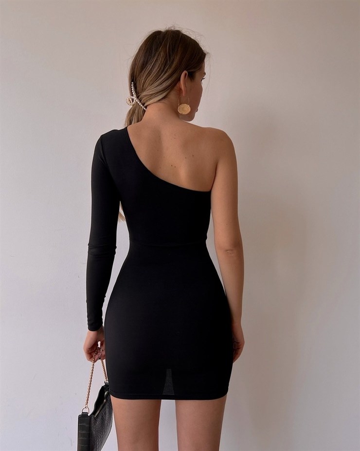 Tek Kol Göğüsü Trnsparan Detay Brionna Kadın Siyah Elbise 22K000507