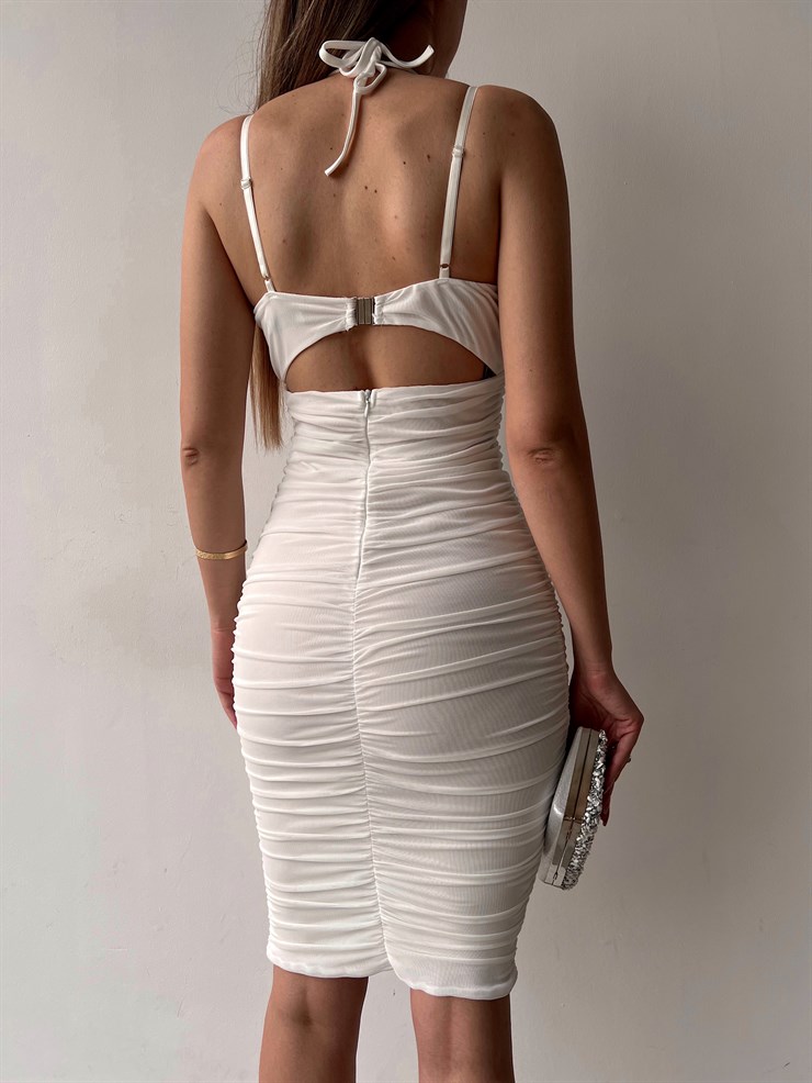 Tül Göğüs Kısmı Pencere Detaylı Lamar Kadın Beyaz Midi Elbise 22Y000203