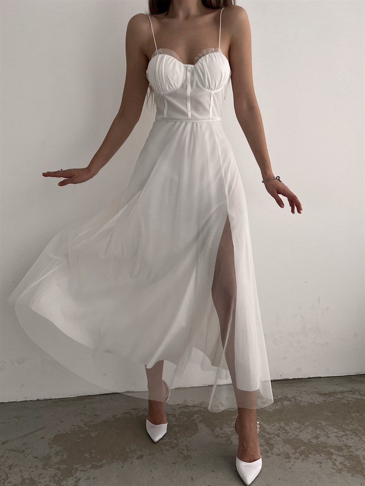 Tül İnce Askı Göğüs Kuplu Yırtmaçlı Brian Kadın Beyaz Elbise 22Y000138
