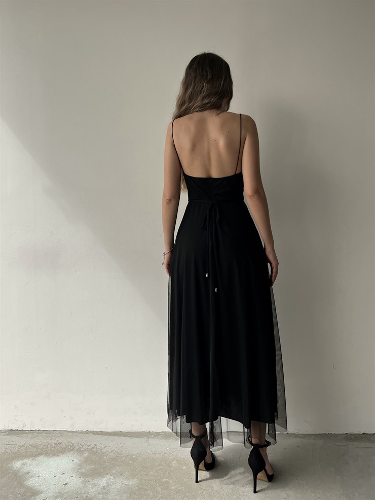 Tül İnce Askı Göğüs Kuplu Yırtmaçlı Brian Kadın Siyah Elbise 22Y000138