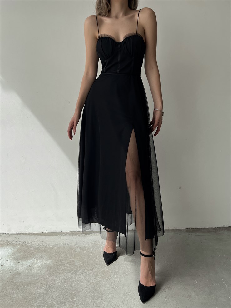 Tül İnce Askı Göğüs Kuplu Yırtmaçlı Brian Kadın Siyah Elbise 22Y000138