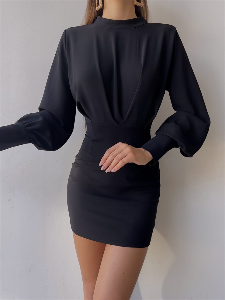 Uzun Balon Kollu Sırtı Derin Dekolteli Arbesa Kadın Siyah Mini Elbise 23K000167