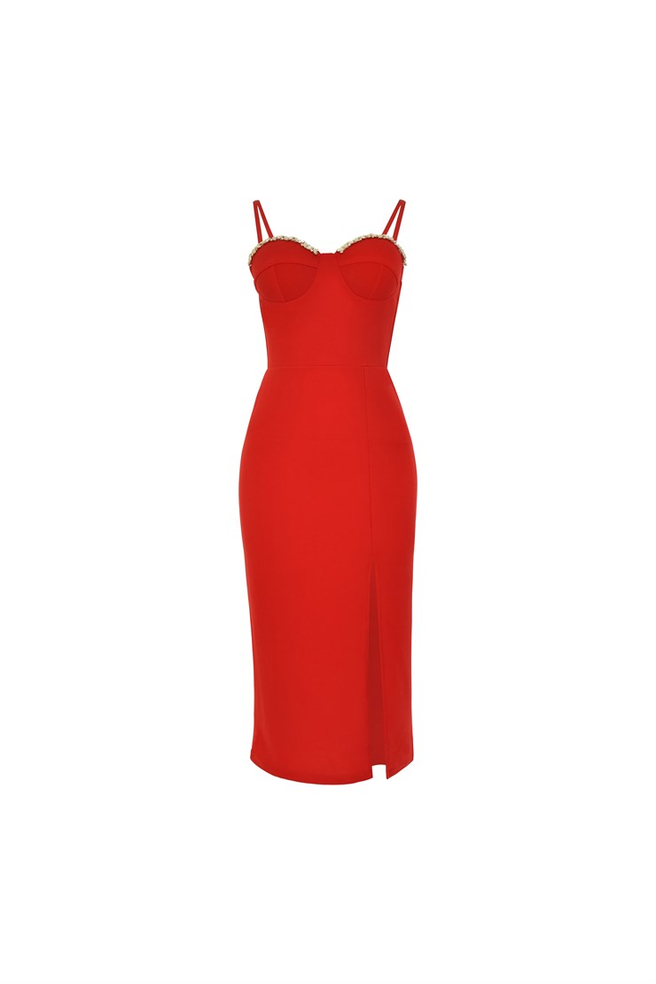 Yırtmaçlı Göğüs Çevresi Taş Detay İnce Askılı Trista Kadın Kırmızı Elbise 22Y000136